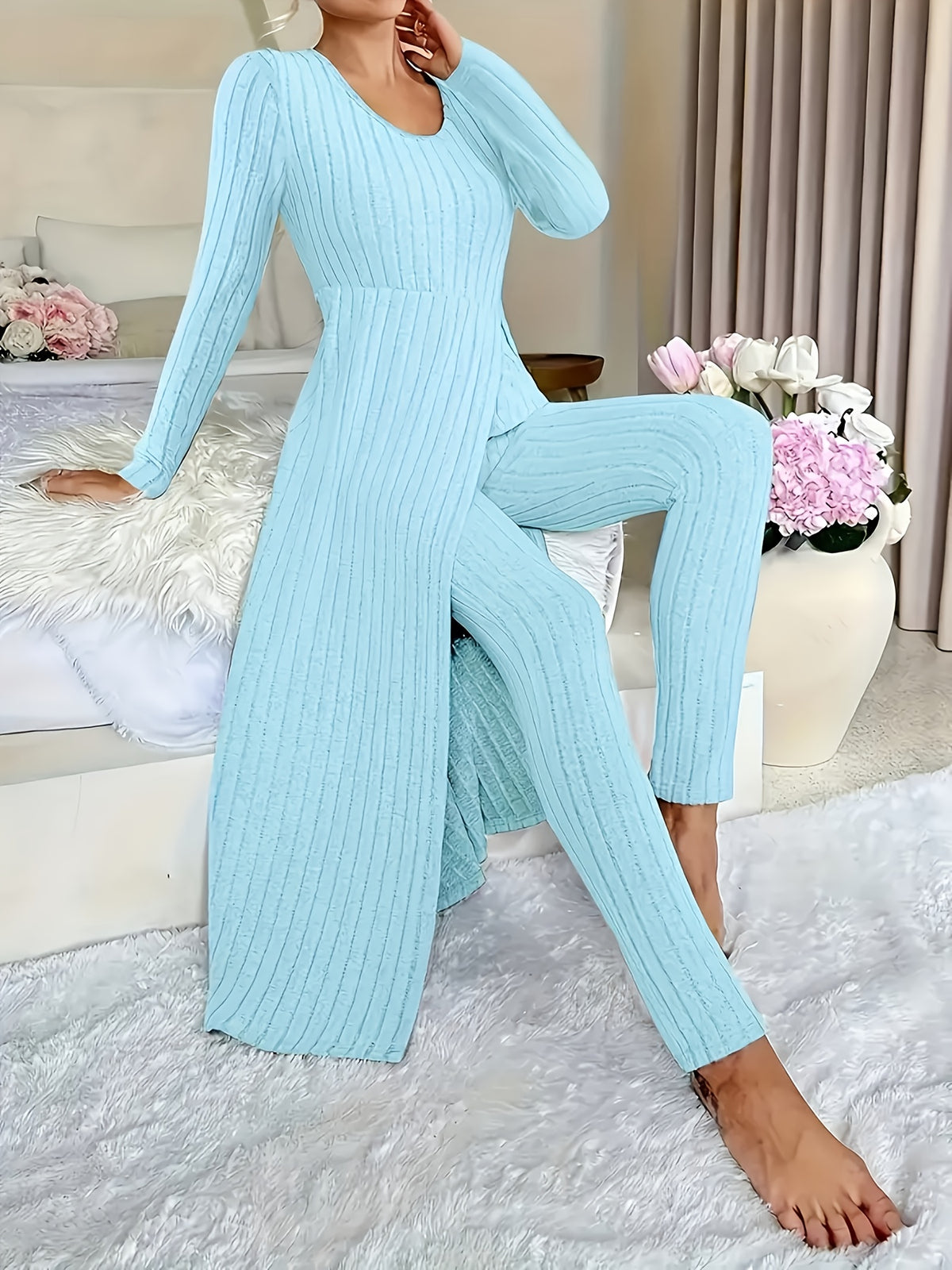 Autumn-Winter Casual Robe and Long Pants Set, High Slit Dress Set, Hair Needle Material, Suitable for Daily Wear, Home Casual Wear - Sky Blue