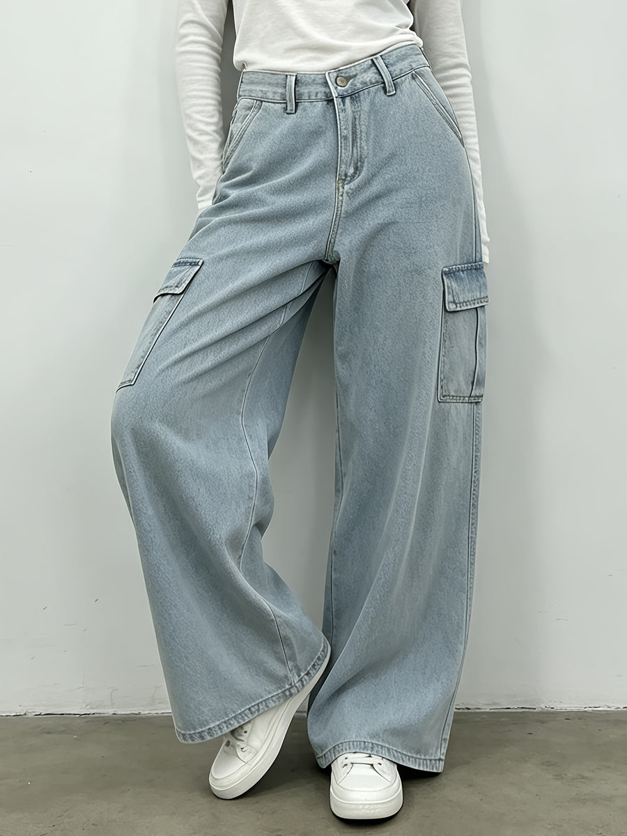 Multi-pocket Fashionable Casual Denim Cargo Pants, Suitable for Travel, Daily Outings, and Street Casual Style - Light Blue