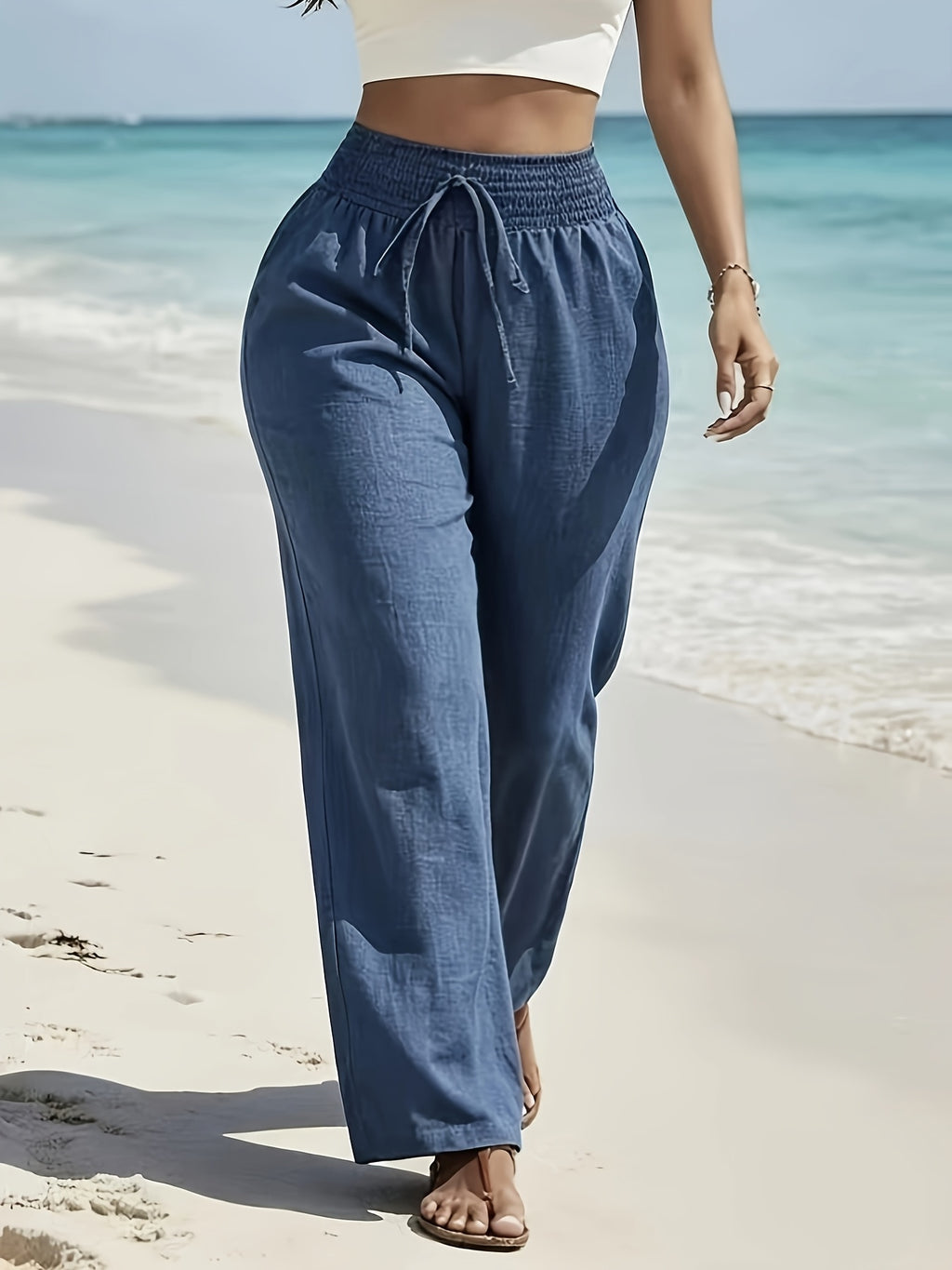 Women's High-Waisted Wide-Leg Trousers - Elastic Waist Drawstring Pants Suitable for Beach, Travel & Vacation Wear, Loose Flowy Non-Stretch Machine Washable Solid Color Bottoms, -Season Elastic Waistband for Casual and Resort Outfits - Peacock Blue