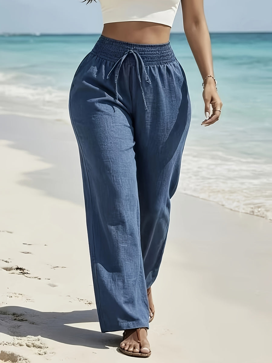Women's High-Waisted Wide-Leg Trousers - Elastic Waist Drawstring Pants Suitable for Beach, Travel & Vacation Wear, Loose Flowy Non-Stretch Machine Washable Solid Color Bottoms, -Season Elastic Waistband for Casual and Resort Outfits - Peacock Blue