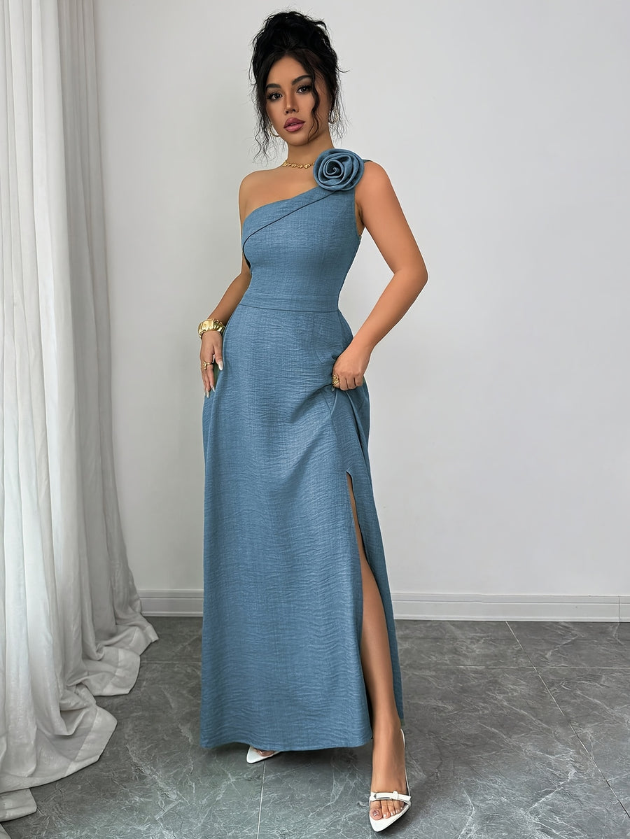 New Summer Women's Off-Shoulder Rose-Embellished Long Dress with Waist-Defining Slit, Elegant One-Shoulder Design, Mature Style for Dates and Banquets - Sea Blue