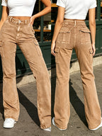 Cielo Jeans 2026 New Style - Mid-High Waist Utility Flared Jeans, Multi-Pocket Design for Practical Convenience, Stretch Fabric for Comfortable Skin-Friendly Fit, Distressed Wash for Versatile And Timeless Look, Suitable for Daily Outings - Yellowish-brown