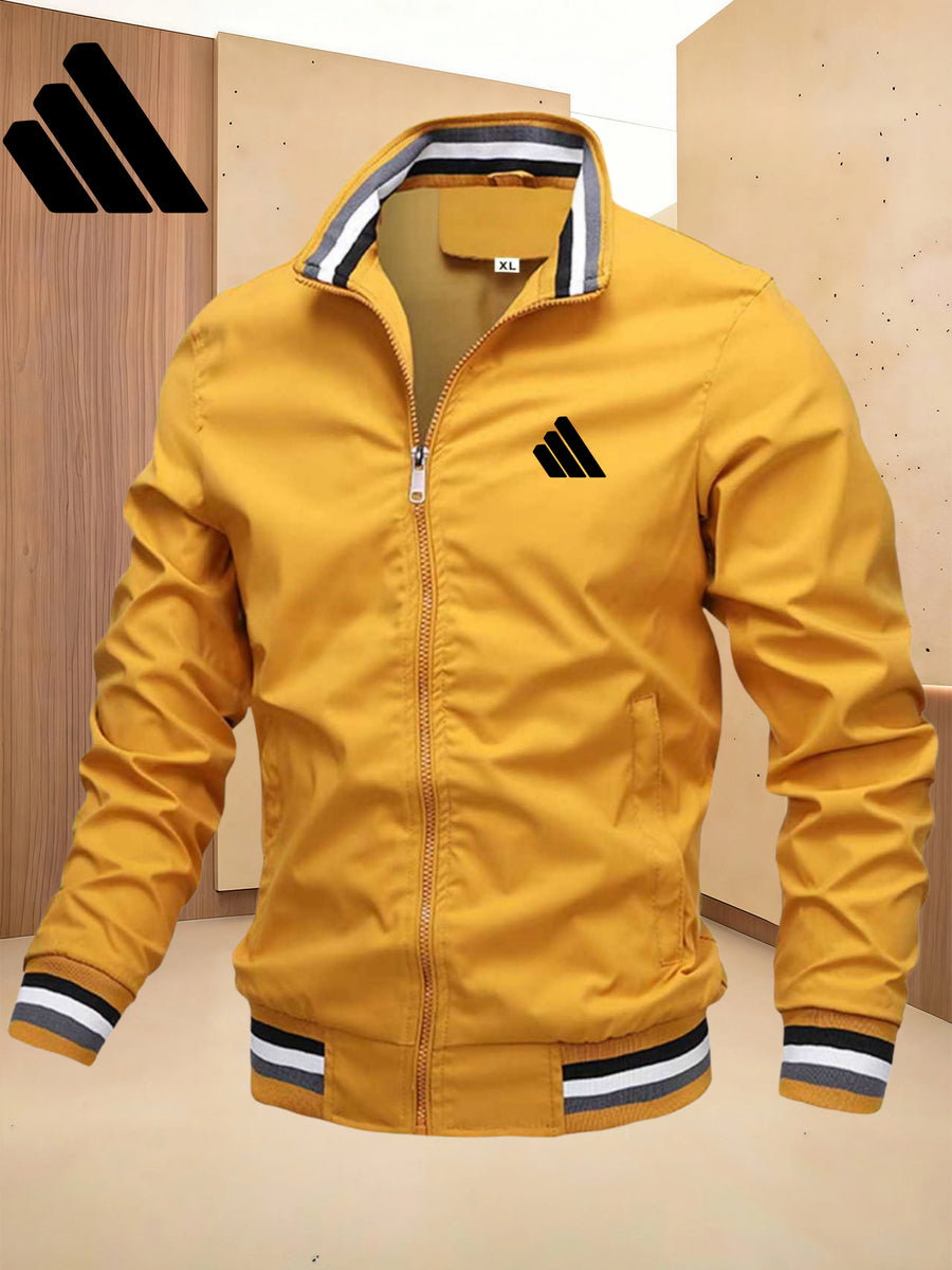 Men'S Sports Solid Color Stand-Up Collar Jacket, Color Striped Rib Hem, Lightweight And Windproof, Creative Three-Bar Totem Design Elements, Suitable for Jogging in Spring And Autumn, Daily Casual Versatile - ginger-colored