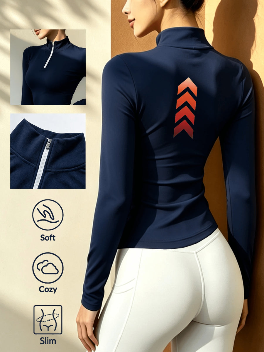 Women'S Solid Color Half-Zipper Long Sleeve Top, Waist-Cinching Warm T-Shirt - Royal Blue