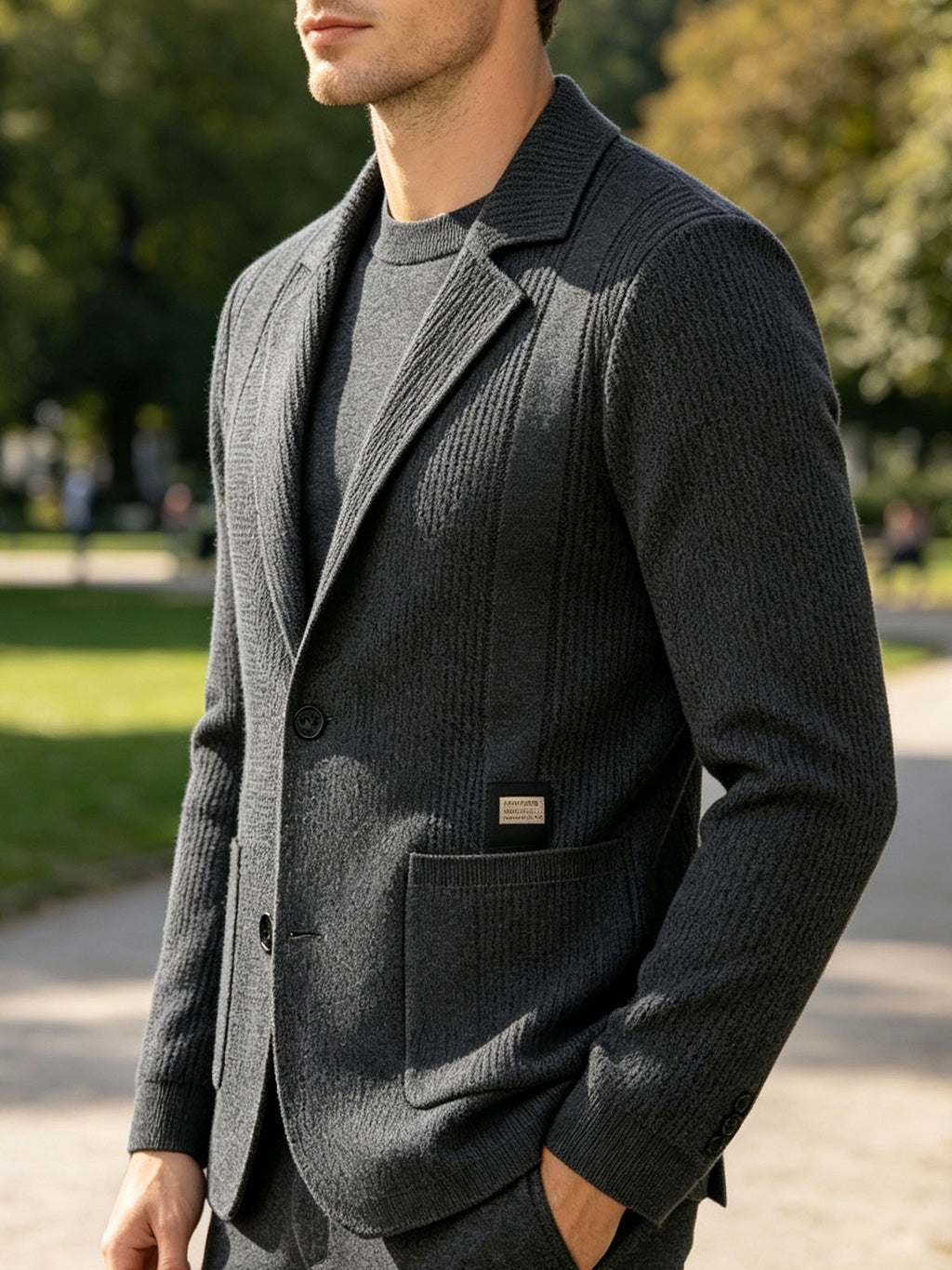 1 Men's Knitted Suit Lapel Jacket, Suitable for Light Business Wear and Daily Work, Ideal as a Gift - Grey