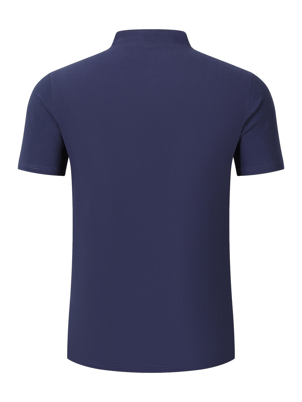New Men's Cotton-Cotton And Linen Blend Blend Stand Collar Henley Short Sleeve T-Shirt, Half-Open Placket Button Casual Breathable Lightweight Summer Beach Top - Navy Color