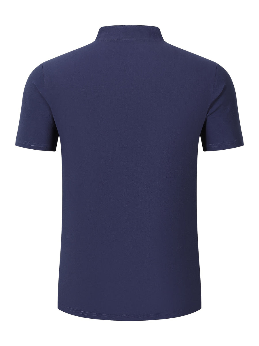 New Men's Cotton-Cotton And Linen Blend Blend Stand Collar Henley Short Sleeve T-Shirt, Half-Open Placket Button Casual Breathable Lightweight Summer Beach Top - Navy Color