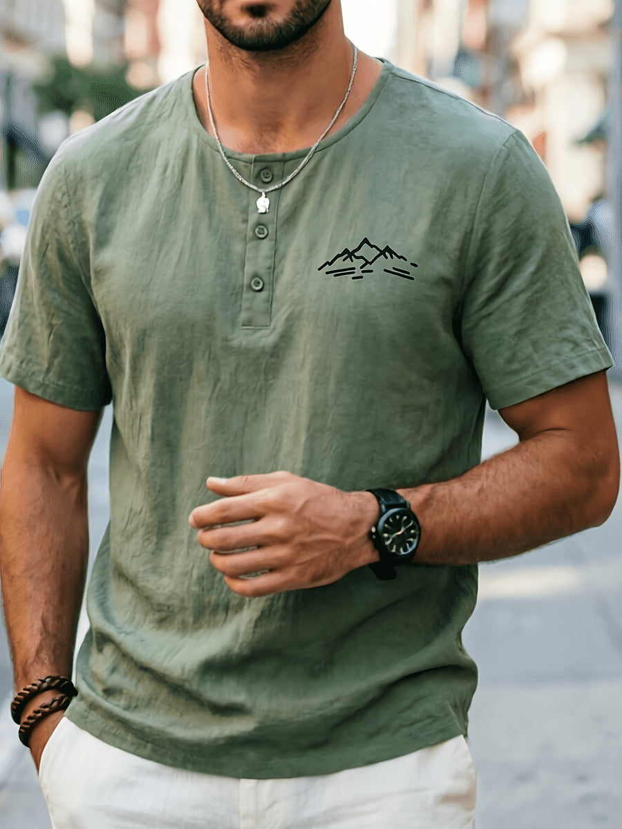 Men'S Summer -Linen Half-Zip Short Sleeve T-Shirt - Green