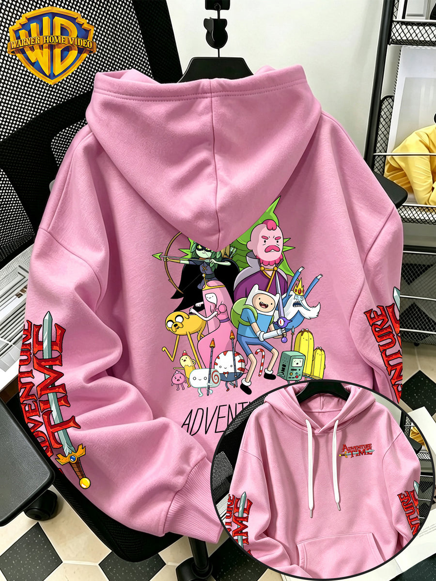 Warner Bros. Men's New Trendy Hoodie, Adventure Time Full Cast Collection Cartoon Graphic Print, Casual Hooded Sweatshirt, Daily Drawstring Loose Pullover Top, Machine Washable Versatile Sporty Casual Men's Top - Pink Color