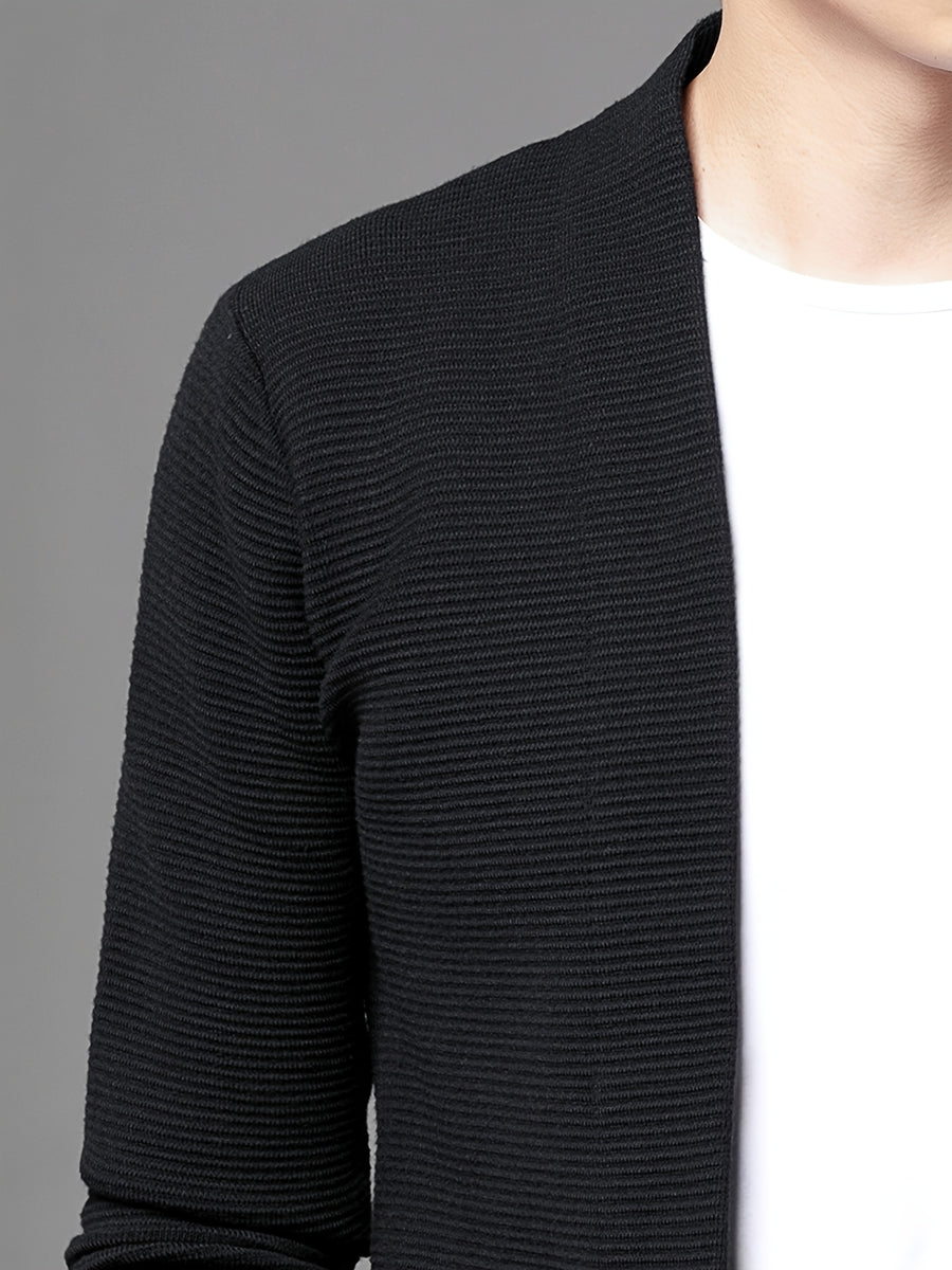 Du Jing Lan OBM Spring/Summer New Arrival Men's Knitted Cardigan, Old Money Style Solid Color V-Neck Long Sleeve Open Front Knit Cardigan, Men's Business Casual Fashion Single-Breasted Ribbed Sweater Jacket with Side Pockets, Suitable for Layering - Black