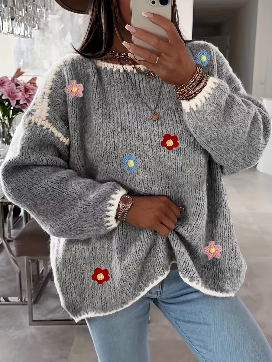 Women's Floral Pullover Elegant Sweater for Autumn and Winter - Light Grey