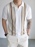 Men's Breathable Knit Short Sleeve Shirt - Vertical Stripe Color Block V-Neck Lapel Collar, Sheer Yet Opaque Mesh Golf & Business Casual Suitable for Golfing, Office, Semi-Formal Wear - Machine Washable Year-Round Versatile Top - White
