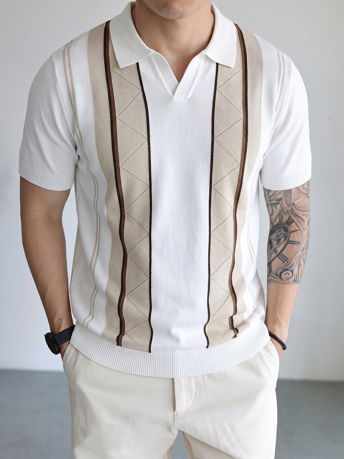 Men's Breathable Knit Short Sleeve Shirt - Vertical Stripe Color Block V-Neck Lapel Collar, Sheer Yet Opaque Mesh Golf & Business Casual Suitable for Golfing, Office, Semi-Formal Wear - Machine Washable Year-Round Versatile Top - White