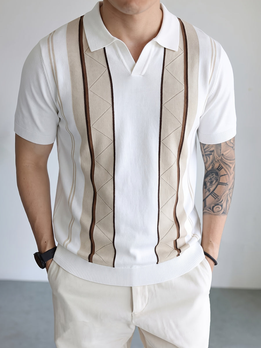 Men's Breathable Knit Short Sleeve Shirt - Vertical Stripe Color Block V-Neck Lapel Collar, Sheer Yet Opaque Mesh Golf & Business Casual Suitable for Golfing, Office, Semi-Formal Wear - Machine Washable Year-Round Versatile Top - White