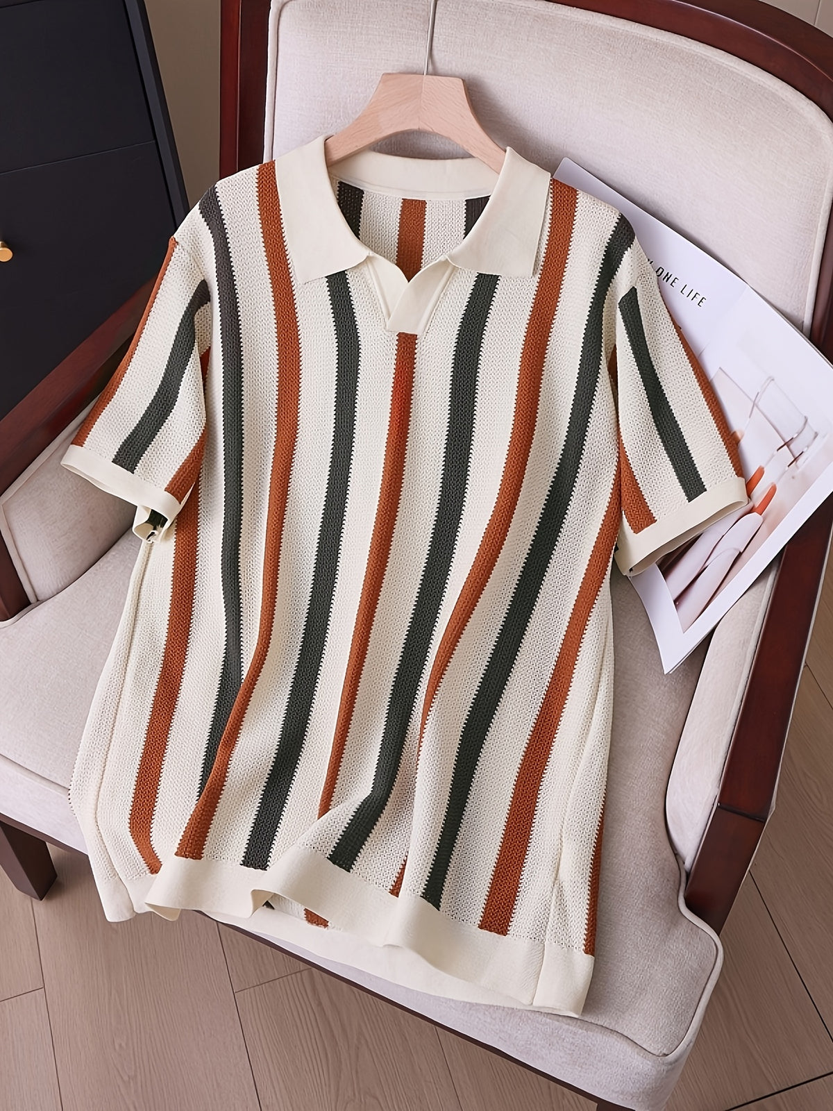 Summer New Men'S Color-Block Striped Knit Polo Shirt, Summer Breathable Knit Mesh Top - Khaki