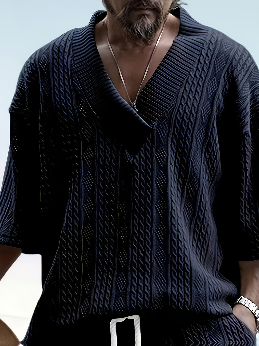Men's Casual and Comfortable Outdoor Daily Sports Simple and Fashionable Youth High-quality Handsome American Versatile Knitted T-shirt Men's Summer Loose V-neck Sports Solid Color T-shirt Men - Navy Color