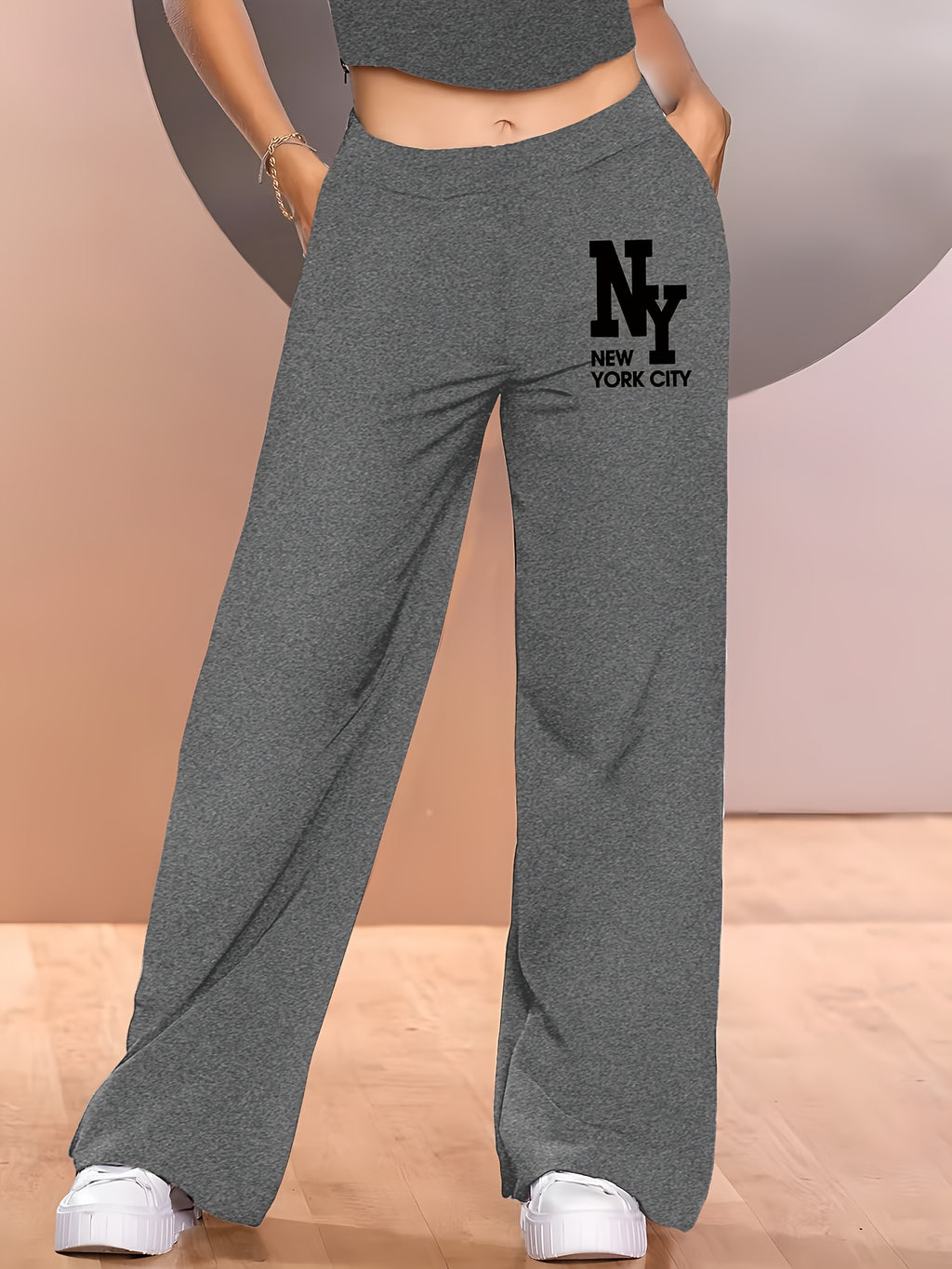 Elegant - 2pcs Women's Wide-Leg Casual Pants, Summer Lightweight Style, Letter Print - Black+Dark Grey