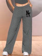 Elegant - 2pcs Women's Wide-Leg Casual Pants, Summer Lightweight Style, Letter Print - Black+Dark Grey