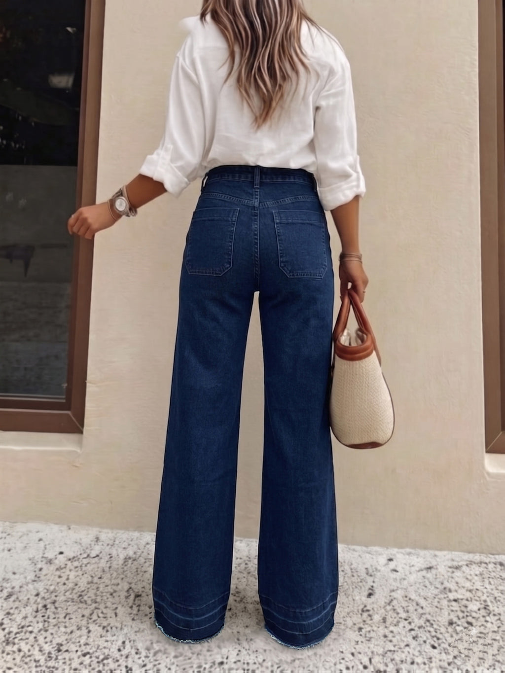 Women'S Casual Wide-Leg Jeans, Elegant And Fashionable Long Style, with Pockets, High-Waisted High-Elastic Washed Fabric/Formal Wear/Business Casual/Y2K/Loose/Straight-Leg/Wide-Leg/Denim Outfits/Office Outfits/Casual Outing Women'S Denim Pants - Deep Blue