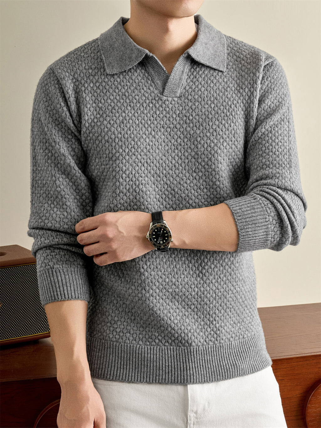 Autumn Winter Knit 3D Solid Color Lapel Polo Sweater, Basic Knit Pullover Top for Men, Fashionable Long Sleeve Sweater, Size S - Light Grey
