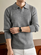 Autumn Winter Knit 3D Solid Color Lapel Polo Sweater, Basic Knit Pullover Top for Men, Fashionable Long Sleeve Sweater, Size S - Light Grey
