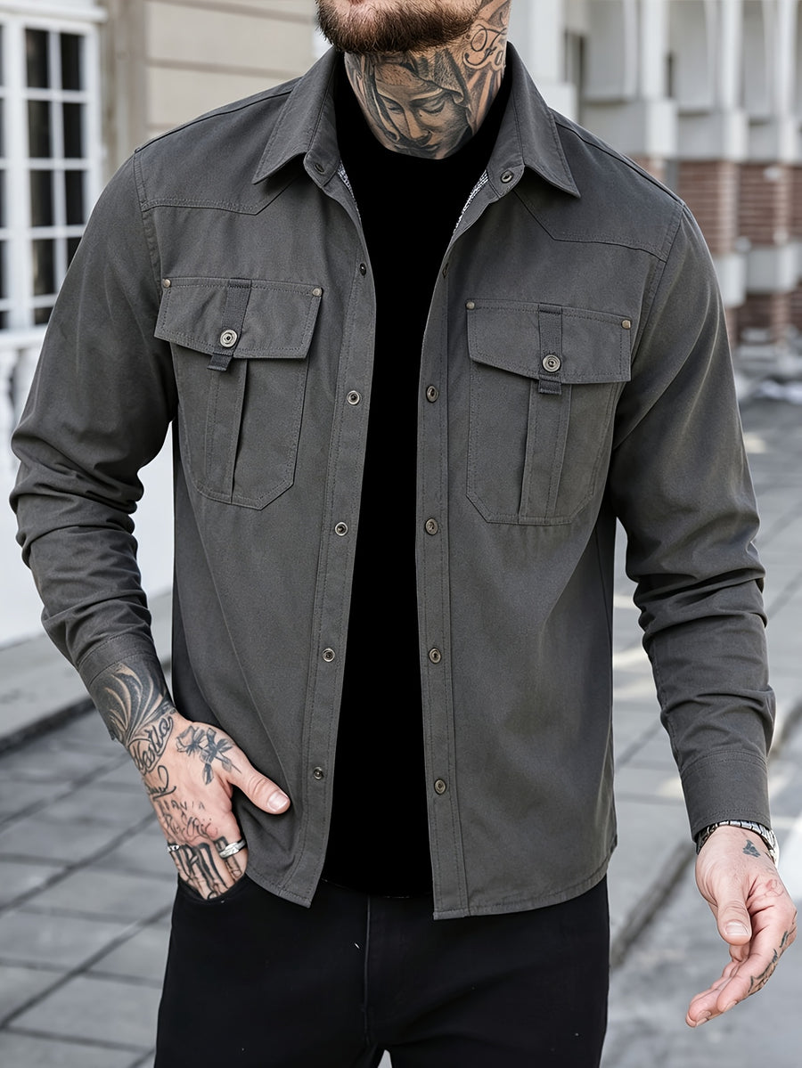 Men's Spring-autumn Casual Jacket Shirt with Checked Lining. Multi-pocket Design. A Simple and Versatile Plain-colored Coat That Is Suitable for Daily Outings, Sports, Outdoor Activities, Vacation Trips or Traveling. - Grey