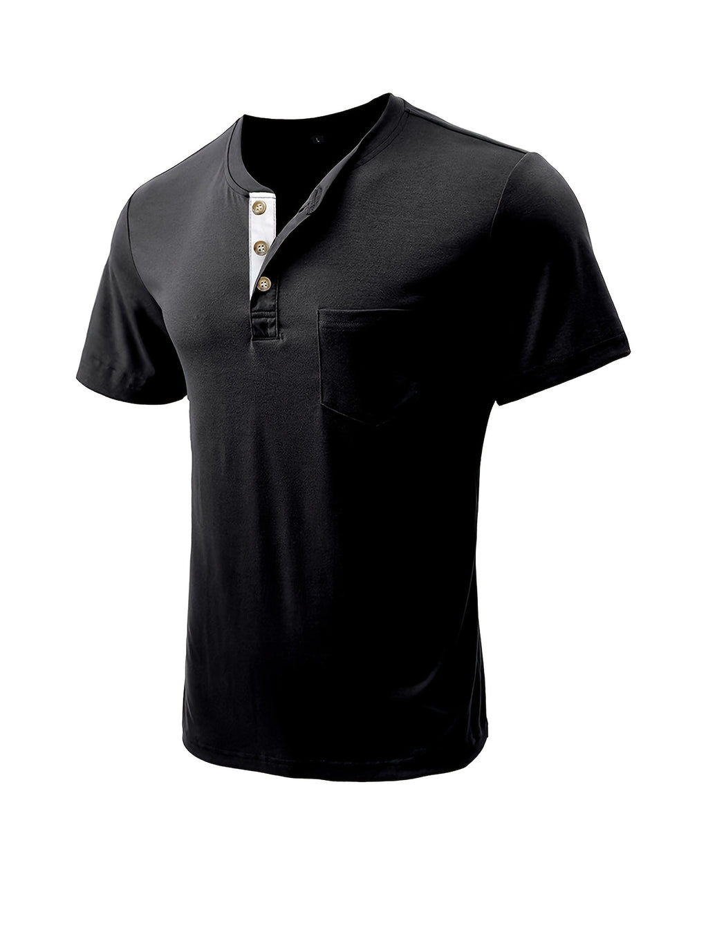 Men'S Summer Round Neck Short Sleeve T-Shirt Henley Shirt Pocket Top - Black