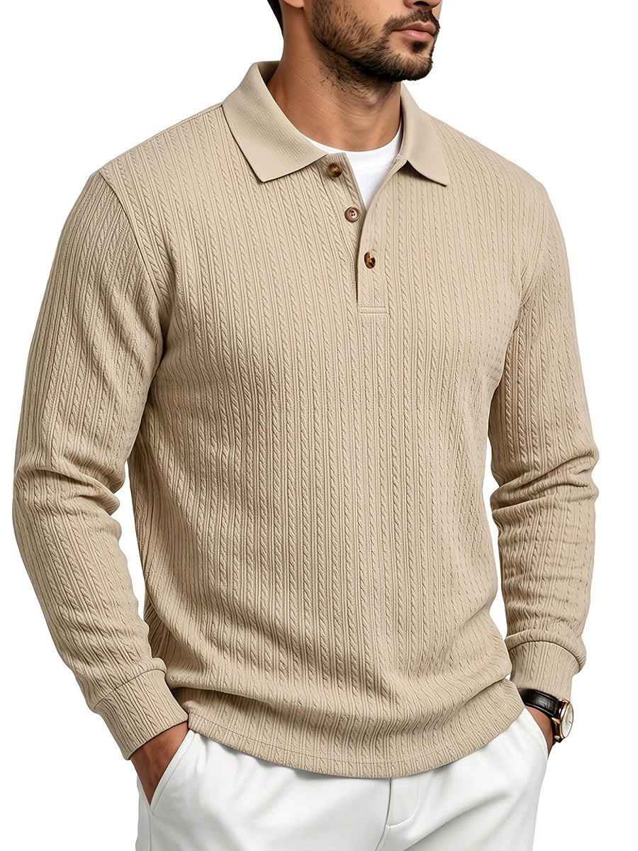 Spring/Autumn Men'S Long Sleeve Polo Shirt, High-Elastic Textured Vertical Rib Jacquard Collar T-Shirt, Business Casual Slim Fit Versatile Solid Color Pullover Top - Apricot