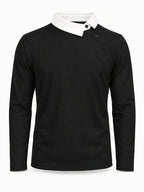 Pearson OBM Christmas Holiday Event, 1pc Adult Men's Multi-Color Fine Waffle Knit Long-Sleeve Lapel Top with Contrast Collar, Dual Black Buttons, and Asymmetrical Slanted Placket Design, Vintage Street-Style Light Luxury Look, Comfortable Fit - Black