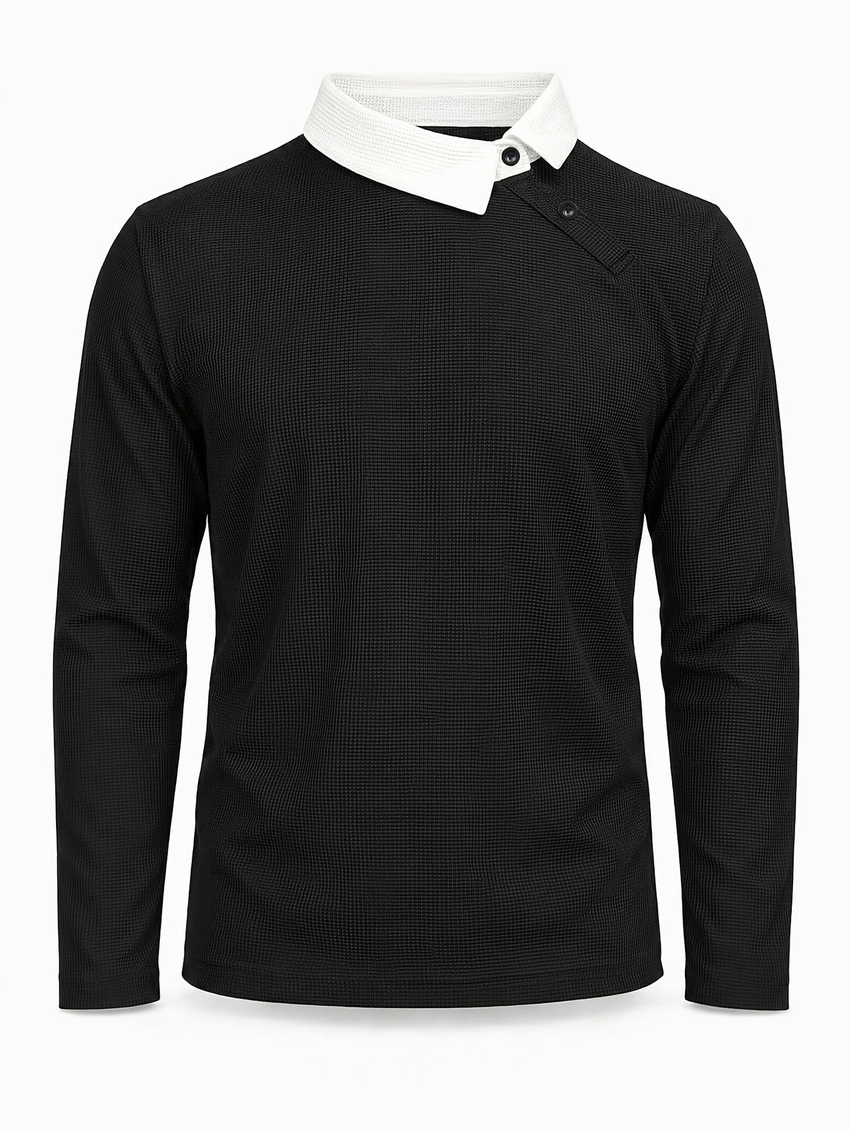 Pearson OBM Christmas Holiday Event, 1pc Adult Men's Multi-Color Fine Waffle Knit Long-Sleeve Lapel Top with Contrast Collar, Dual Black Buttons, and Asymmetrical Slanted Placket Design, Vintage Street-Style Light Luxury Look, Comfortable Fit - Black