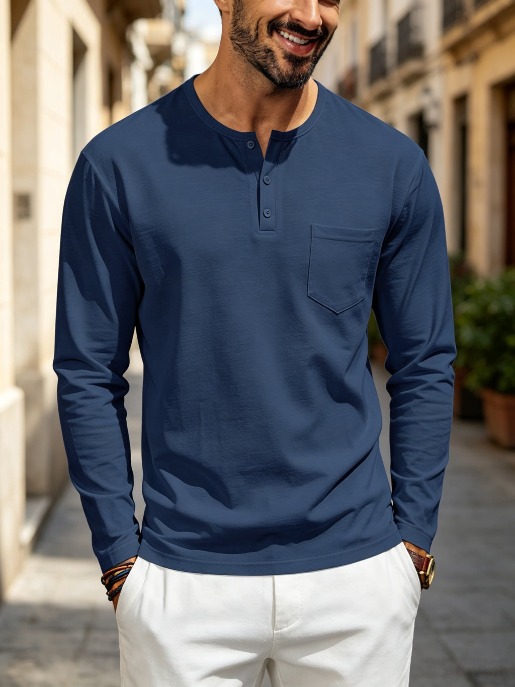Men's Henley Long Sleeve T Shirts, Solid Color Crew Neck Pullover Tops with Chest Pocket, Breathable Soft Casual Loose Fit Long Sleeve Shirts, All Seasons Basic Undershirt for Daily Commute Outdoor, Versatile Minimalist Men Clothing Multiple Sizes& - Blue