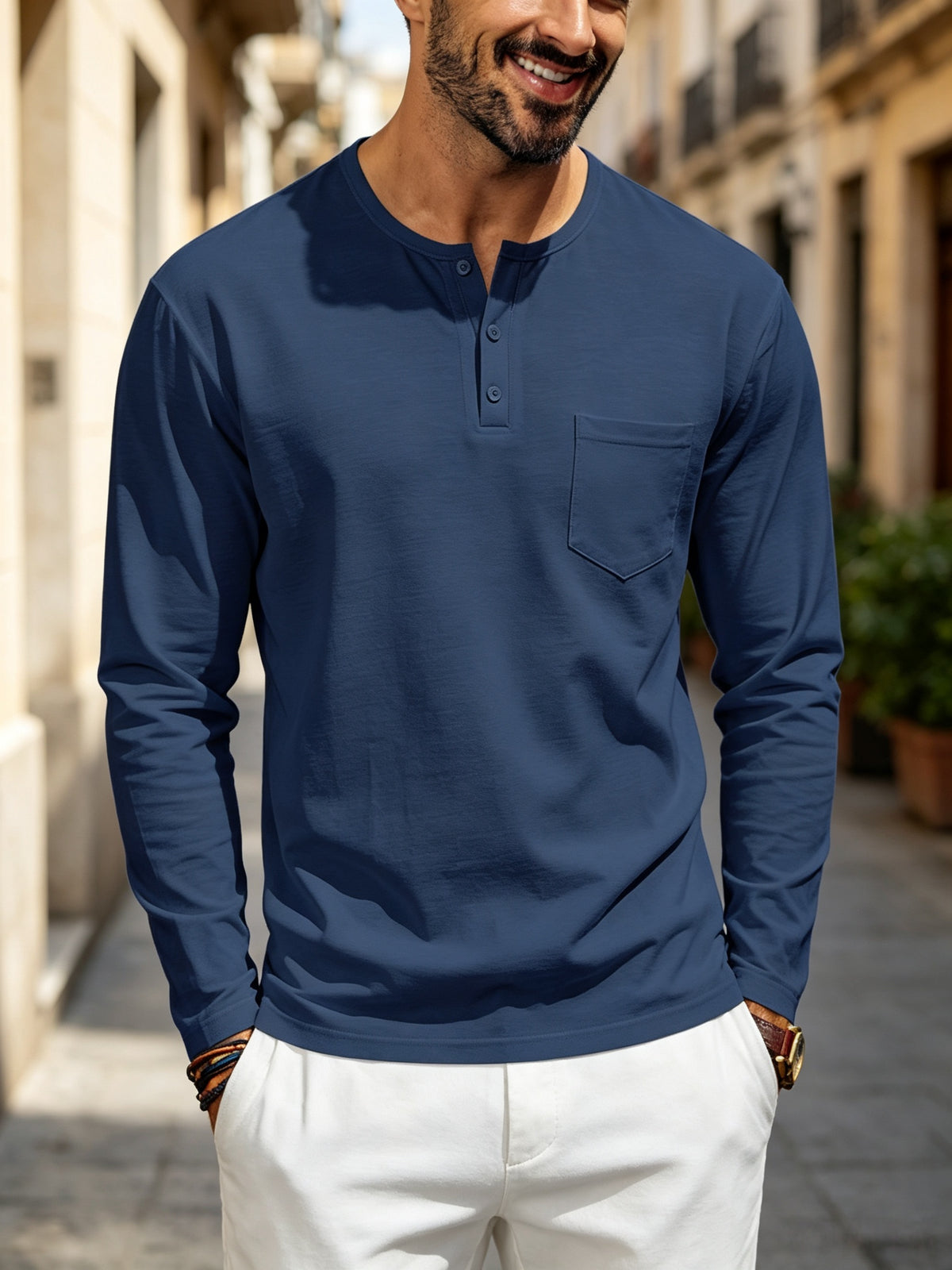 Men's Henley Long Sleeve T Shirts, Solid Color Crew Neck Pullover Tops with Chest Pocket, Breathable Soft Casual Loose Fit Long Sleeve Shirts, All Seasons Basic Undershirt for Daily Commute Outdoor, Versatile Minimalist Men Clothing Multiple Sizes& - Blue