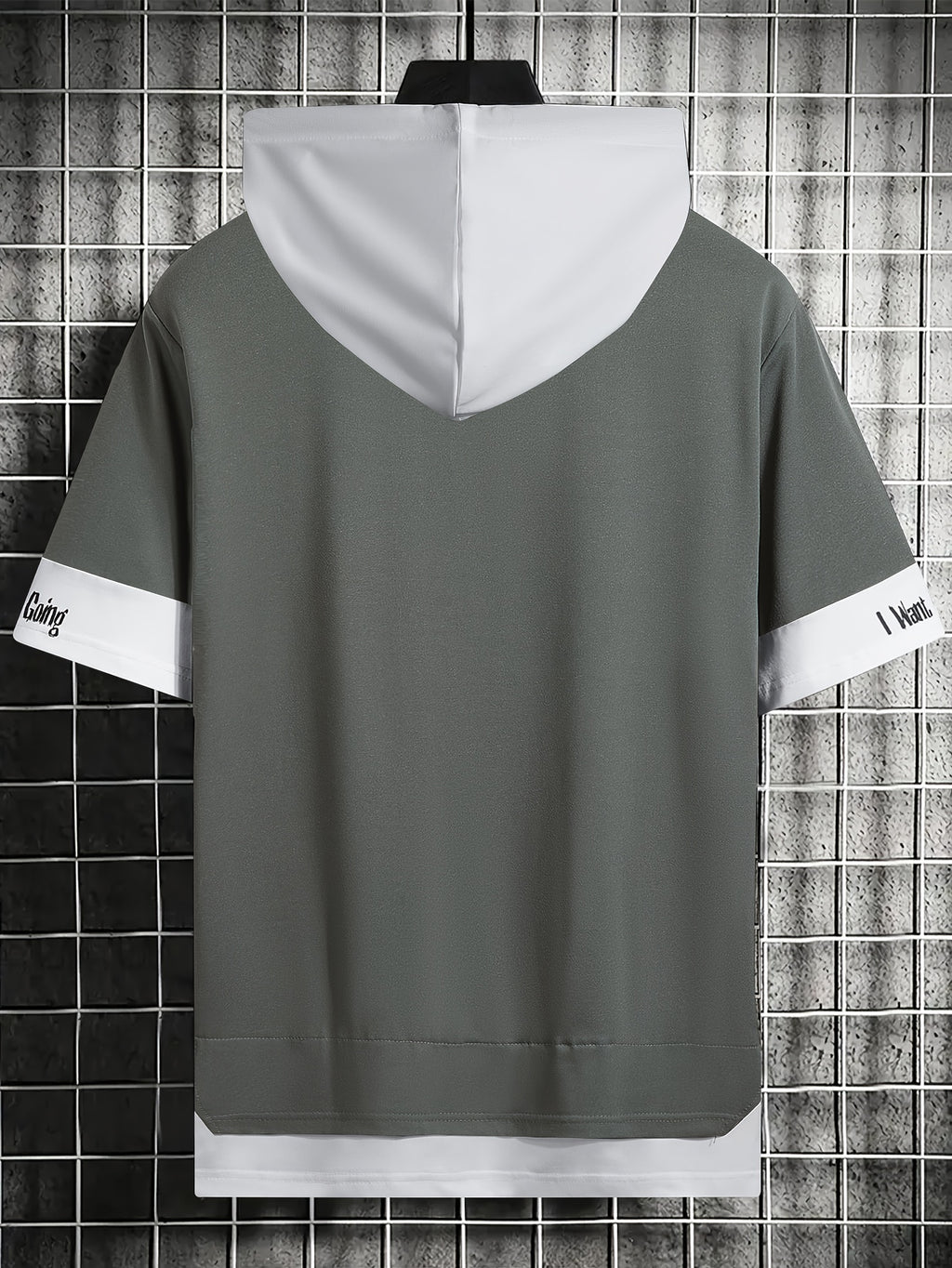 Men'S Color-Block Contrast Hooded Short Sleeve T-Shirt, English Letter Print, Short Sleeve Faux Two-Piece Streetwear, Trendy Fashion Versatile Street Casual Hong Kong Style Outfit, Casual Leisure All-Match T-Shirt, Suitable for Summer - Medium Grey