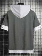 Men'S Color-Block Contrast Hooded Short Sleeve T-Shirt, English Letter Print, Short Sleeve Faux Two-Piece Streetwear, Trendy Fashion Versatile Street Casual Hong Kong Style Outfit, Casual Leisure All-Match T-Shirt, Suitable for Summer - Medium Grey