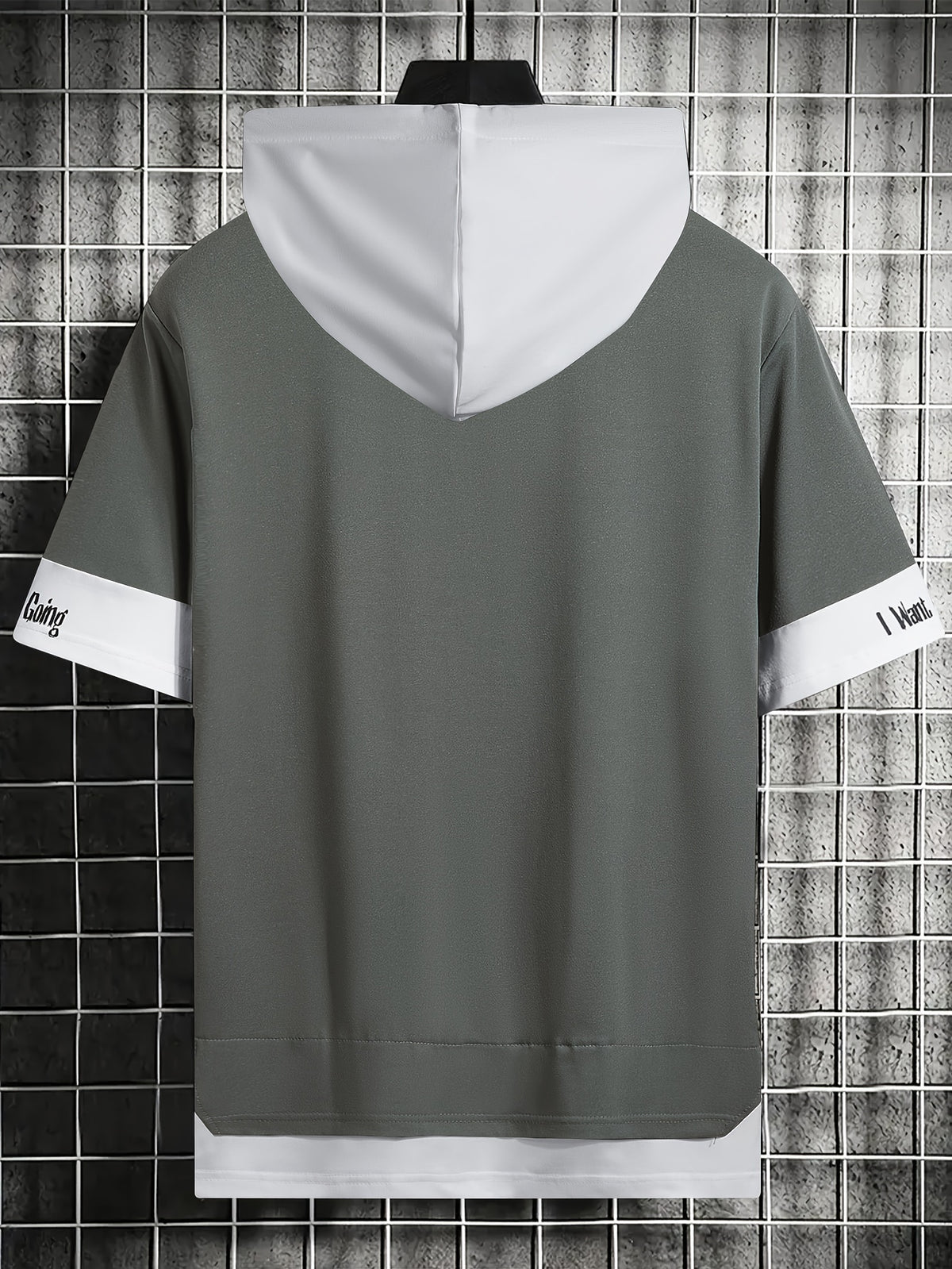 Men'S Color-Block Contrast Hooded Short Sleeve T-Shirt, English Letter Print, Short Sleeve Faux Two-Piece Streetwear, Trendy Fashion Versatile Street Casual Hong Kong Style Outfit, Casual Leisure All-Match T-Shirt, Suitable for Summer - Medium Grey
