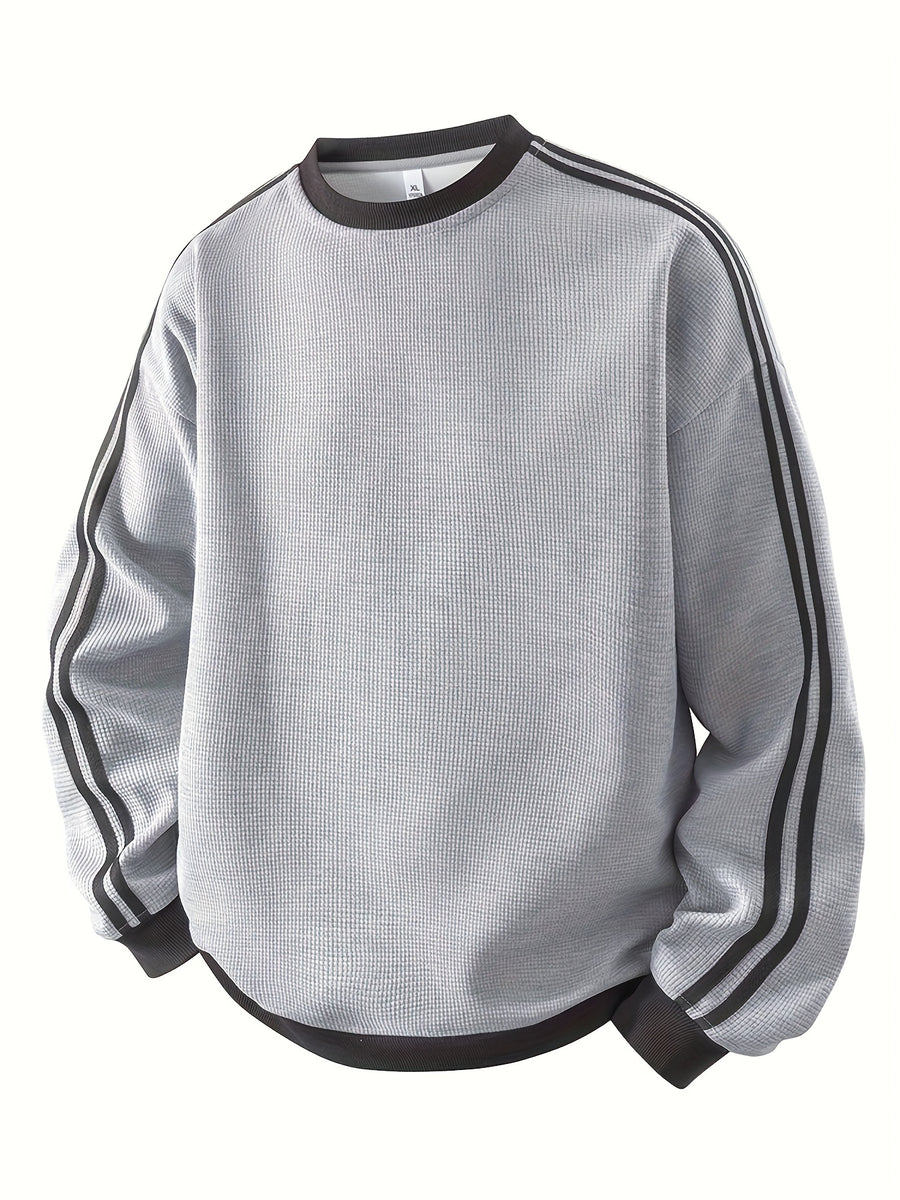 American Vintage Striped Crewneck Sweatshirt for Men, Long Sleeve Base Layer Top for Spring and Autumn - Light Hemp Grey
