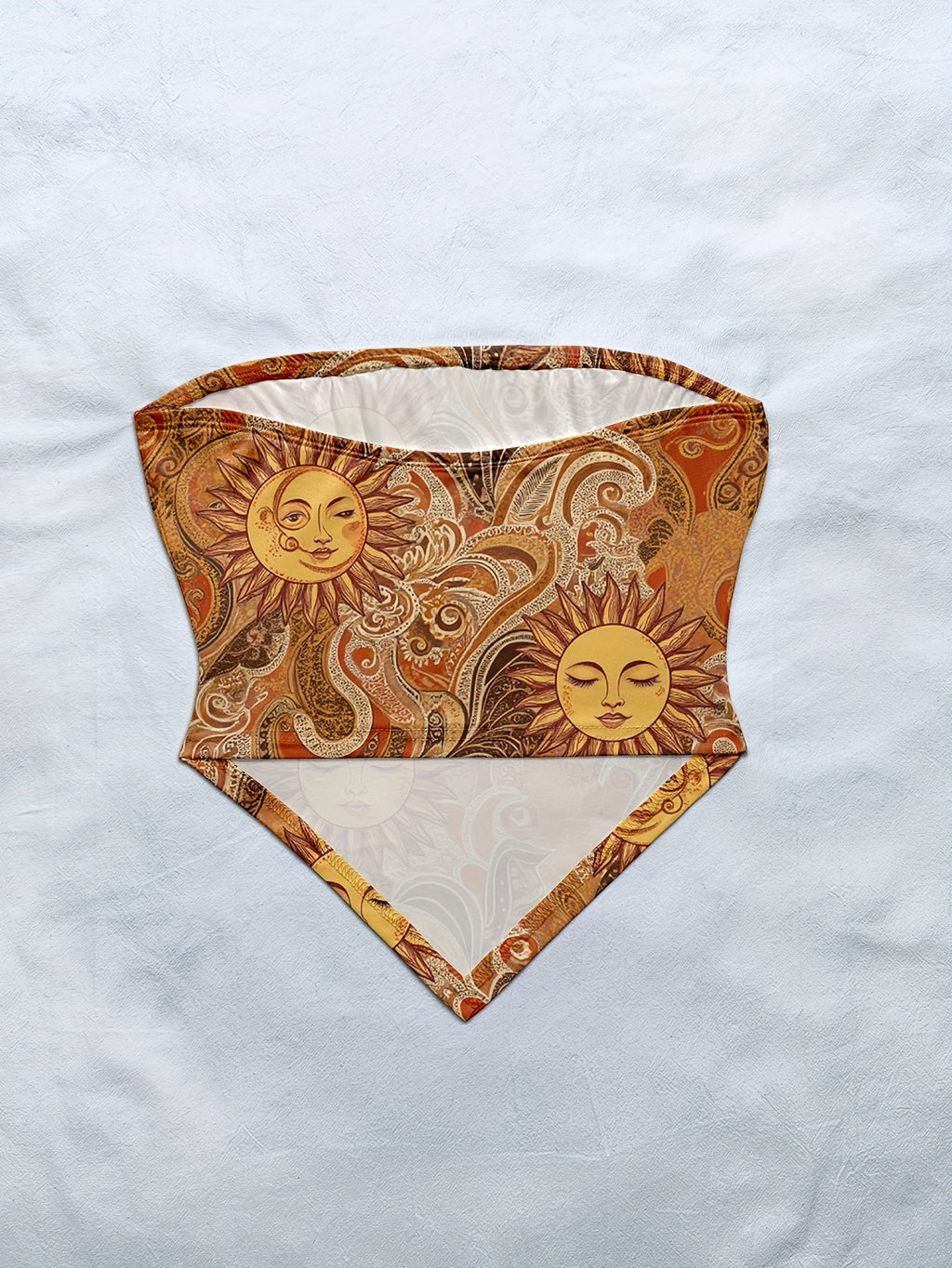Women'S Spring/Summer New Brand Special Boho Beach Tropical Vacation Outfits | Retro Sun Pattern Print Slim Fit Bustier Crop Tops with Asymmetrical Bandeau Collar - Light Brown-1