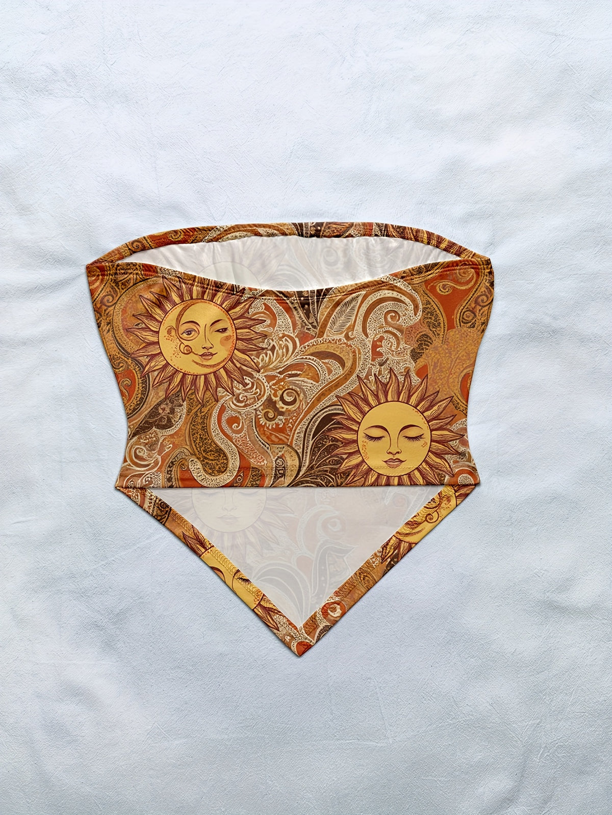Women'S Spring/Summer New Brand Special Boho Beach Tropical Vacation Outfits | Retro Sun Pattern Print Slim Fit Bustier Crop Tops with Asymmetrical Bandeau Collar - Light Brown-1