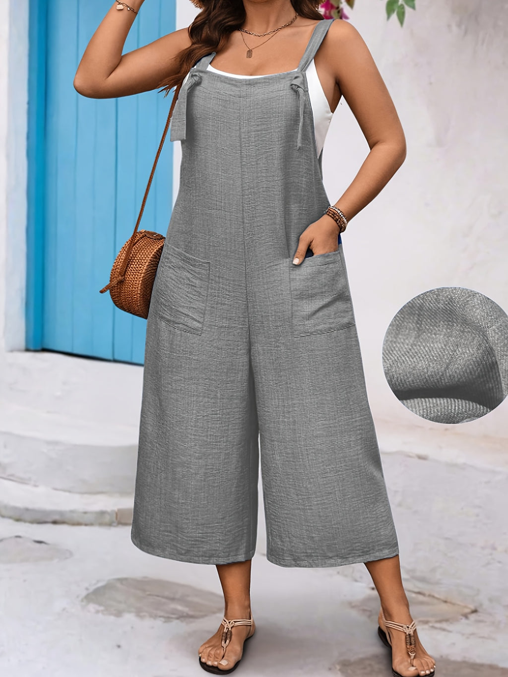 Summer Casual Vacation Women's Jumpsuit, Simple, Daily, Comfortable, and Stylish, with Front Pocket Decoration, Holiday Leisure Women's Jumpsuit - Grey