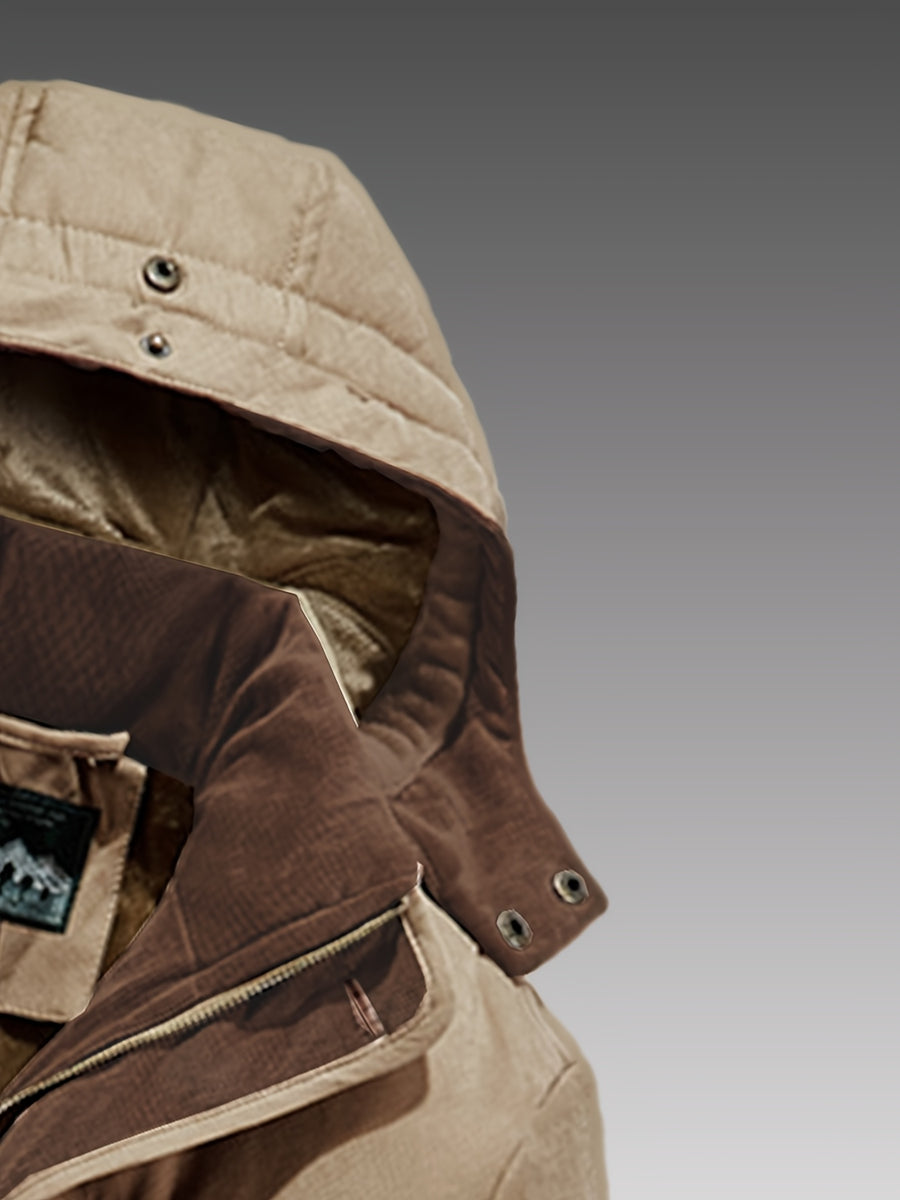 Cargo Jacket, Removable Hood Corduroy Lining Multi-Zipper Pockets, Warm Casual Top Jacket, Western Trendy Outerwear. Men'S Fashion Winter Mid-Length Fleece-Lined Thick Jacket, Men'S Work Practical Jacket - Khaki