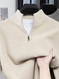 Du Jing Lan OBM Spring/Autumn New Arrival Men's Knitted Pullover, Old Money Style Solid Color Half-Open Placket Stand Collar Long Sleeve Knitted Pullover, Men's Business Casual Fashion Ribbed Sweater, Suitable for Layering or Wearing as an Inner - Beige Color