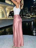 French-Style Elegant Satin Midi Skirt, Flowy A-Line Flared Skirt, Mature-Chic High-End Gown - Pale Pinkish Gray