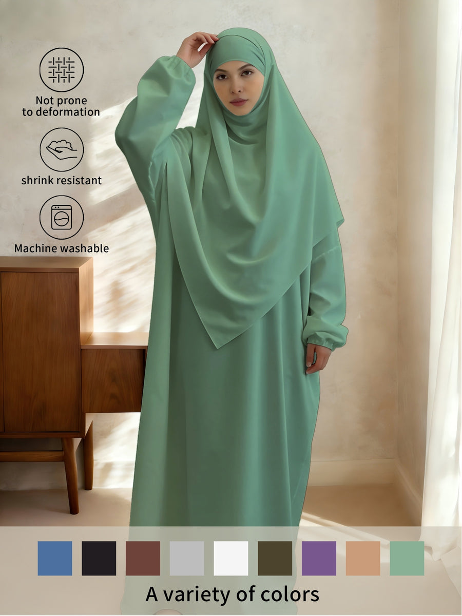 2pcs Easy Solid Abayas, Dignified Long-Sleeved Dresses, Asian Women'S Size Clothing, Elegant And Suitable for Gifting During Ramadan - Emerald Green