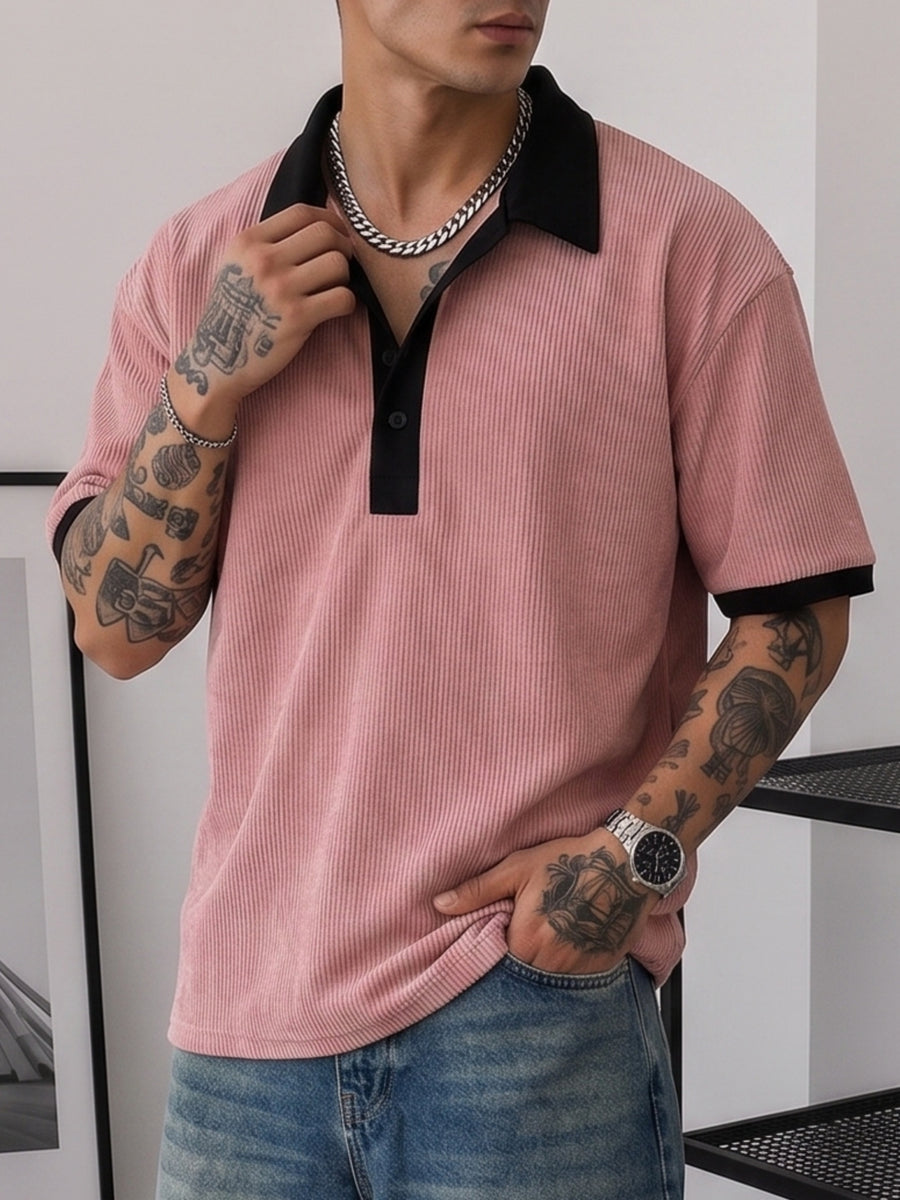 [Villa Le Water OBM] Men'S Heavyweight Patchwork Button-Up Collar American POLO Retro Short Sleeve - Pink