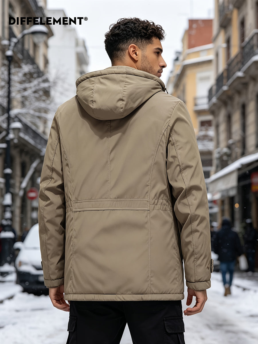 DIFFELEMENT Men's -Lined Hooded Parka Padded Coat, Windproof and Warm, Multi-Pocket Workwear Jacket with Detachable Hood, Elastic Cuffs, Regular Fit, Suitable for Cold Weather, Urban Streetwear, Skiing, Hiking, Winter Daily Work, and Casual Wear - Khaki