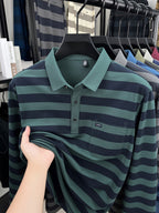 Minimalist Urban Striped Long-Sleeve Polo Shirt for Portable Daily Commuting - Green