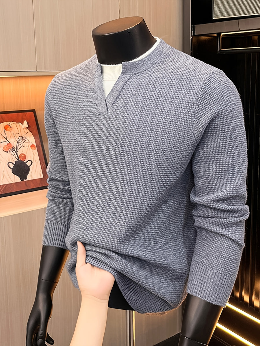 Men'S Waffle Fake Two-Piece V-Neck Knit Long Sleeve Top, Burgundy And White Contrast, Focus on Atmospheric Autumn Casual Wear - SINBOS - 【Light Grey】