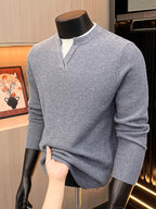 Men'S Waffle Fake Two-Piece V-Neck Knit Long Sleeve Top, Burgundy And White Contrast, Focus on Atmospheric Autumn Casual Wear - SINBOS - 【Light Grey】
