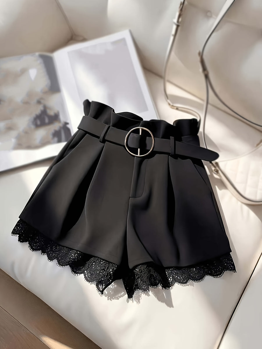 Women's Elegant Black Lace-Trimmed Shorts - Versatile Commuter and Casual Shorts for Spring and Summer - Black