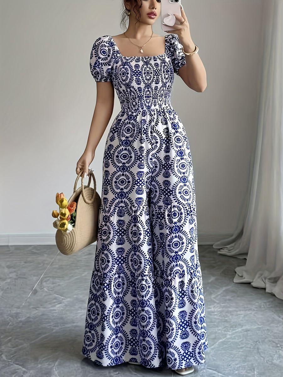 Square Neck Short Sleeve Vintage Floral Print Loose Elegant Wide-Leg Jumpsuit, Vacation Wear, Bohemian - Multicolor